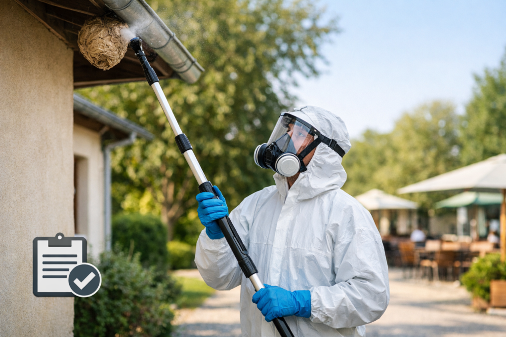 Technicien de lutte antiparasitaire en combinaison et masque, utilisant une perche télescopique pour traiter un nid de guêpes sous un avant-toit, avec un pictogramme de certification en bas à gauche.