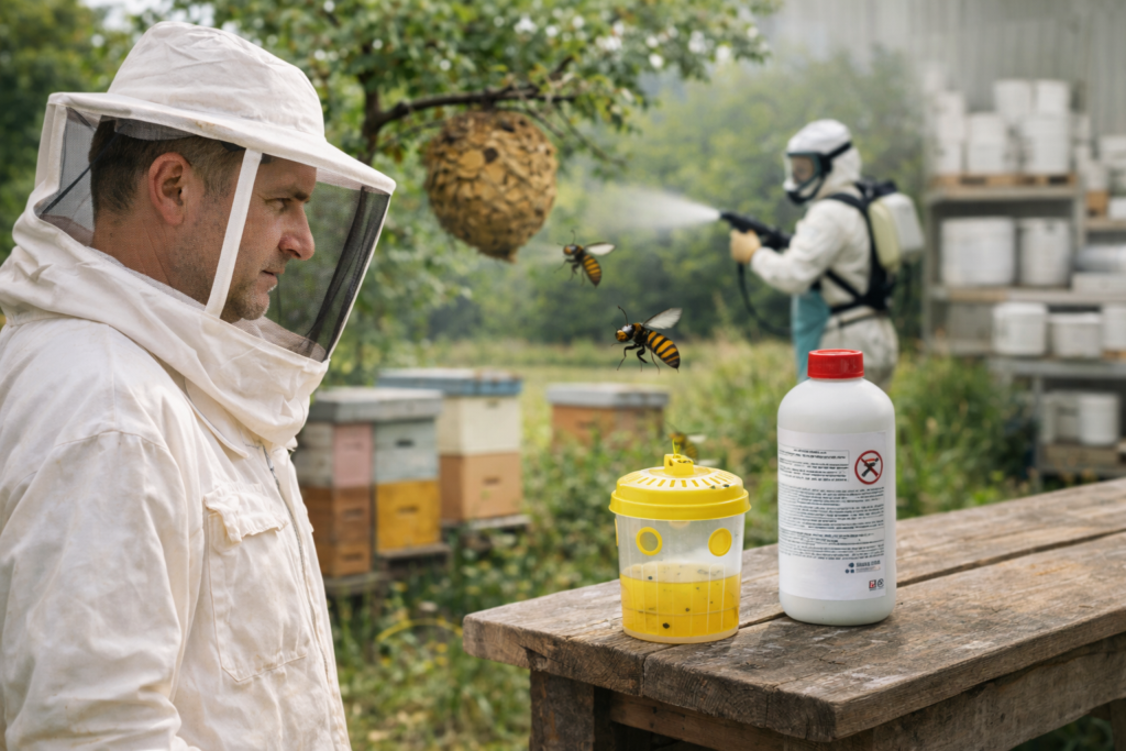 Apiculteur en tenue de protection observant dans un rucher plusieurs solutions contre le frelon asiatique : piège sélectif, nid visible, biocide grand public sur une table et intervention professionnelle en arrière-plan