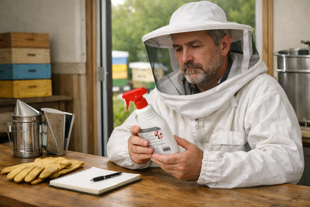 Apiculteur en tenue de protection assis à une table, examinant un spray biocide à côté de gants, d’un carnet et de matériel apicole dans un local de rucher
