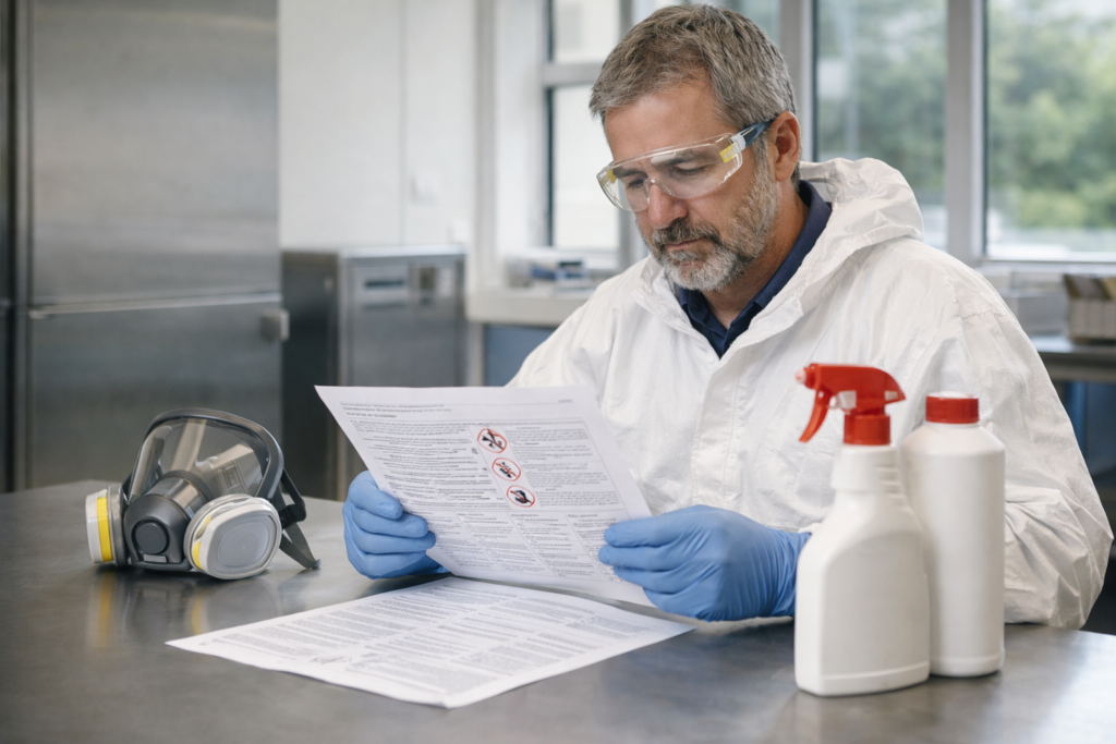 Professionnel équipé de lunettes, gants et combinaison de protection lisant une fiche de sécurité sur des produits biocides dans un environnement technique intérieur