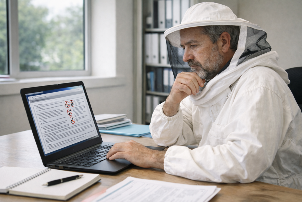 Apiculteur en tenue de protection consultant sur ordinateur portable un document de sécurité sur les biocides, assis à un bureau avec carnet et dossiers