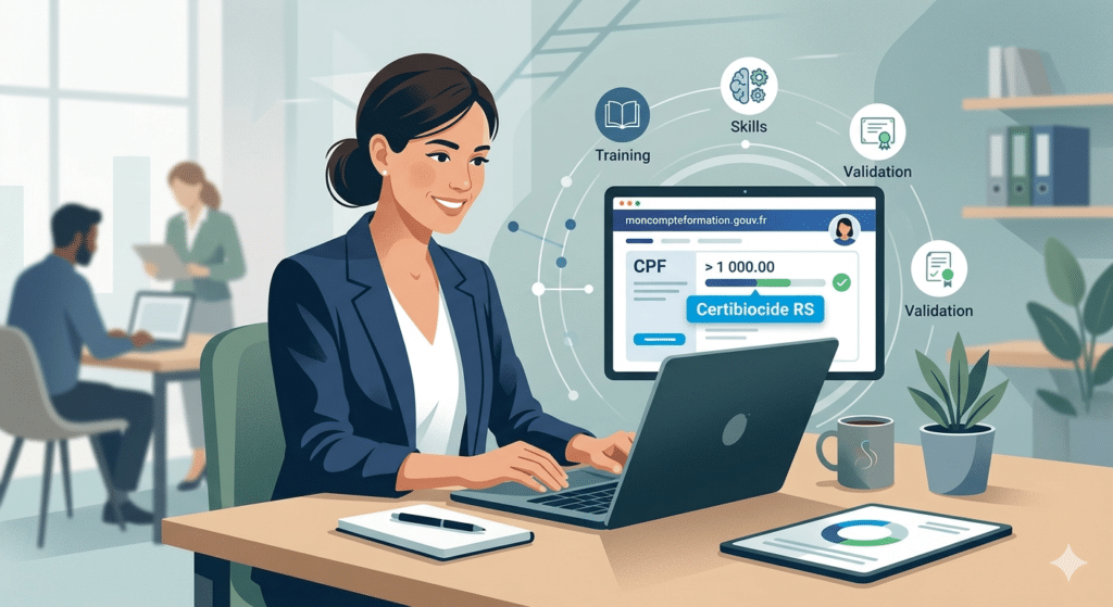 Illustration d’une professionnelle travaillant sur ordinateur avec une interface CPF liée au Certibiocide RS, entourée d’icônes de formation, compétences et validation dans un bureau moderne