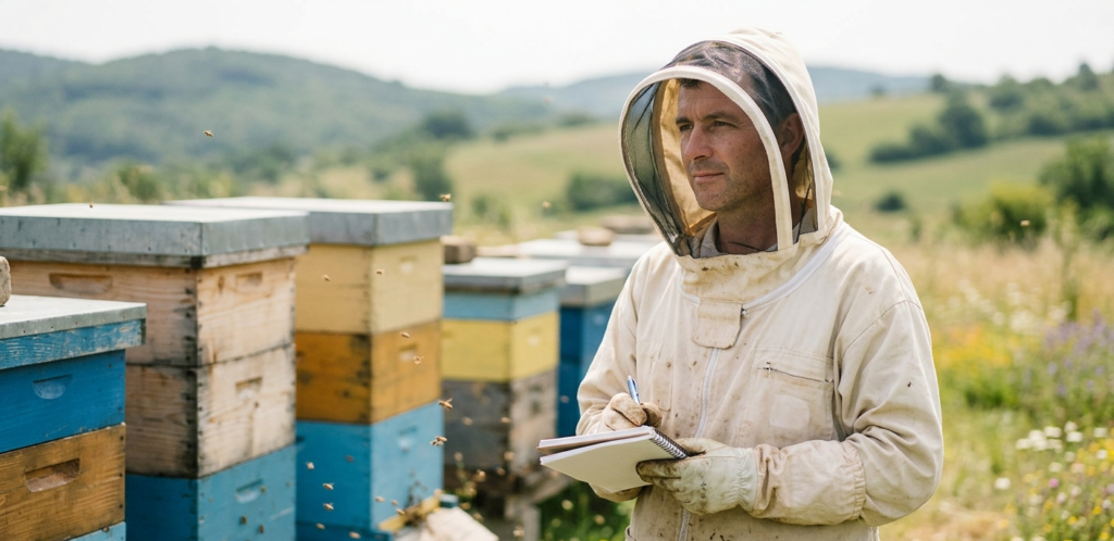 Apiculteur en tenue de protection prenant des notes dans un carnet au milieu de plusieurs ruches dans un rucher extérieur