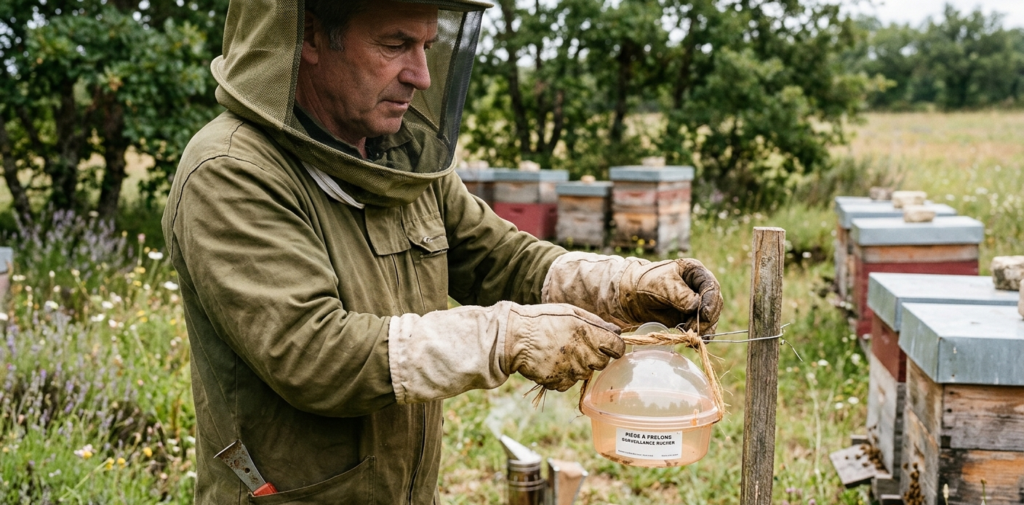 Apiculteur en tenue de protection installant un piège à frelons sur un piquet au milieu d’un rucher, avec plusieurs ruches en arrière-plan