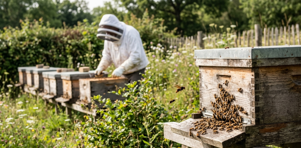 Ruche en bois avec nombreuses abeilles à l’entrée et deux frelons en vol au premier plan, apiculteur en tenue de protection travaillant sur d’autres ruches à l’arrière-plan