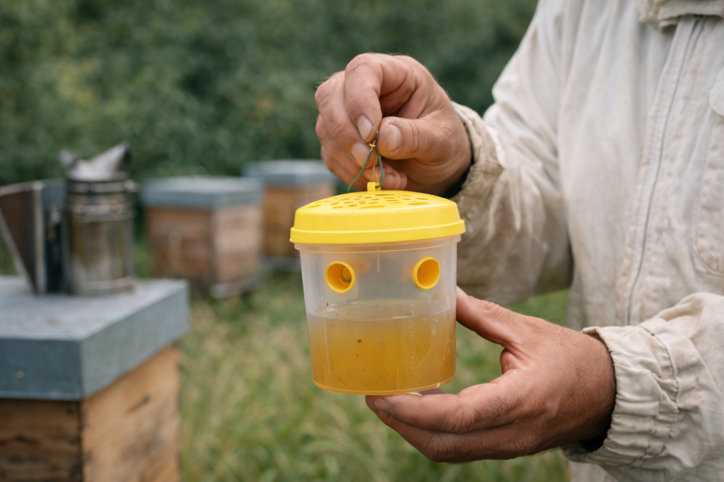 Mains d’un apiculteur tenant un piège à frelons en plastique jaune rempli d’appât, devant des ruches dans un rucher extérieur
